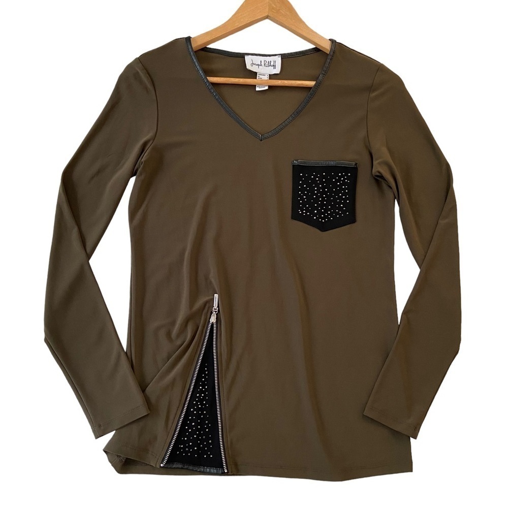 Joseph Ribkoff silky jersey top kaki brown black silver embellishment size 4